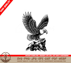 Bald Eagle Mascot Bird Landing on Rock Illustration - Vintage Woodcut SVG 