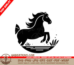 A Horse On Its Hind Legs SVG - A black and white horse with a long mane stands in a field SVG