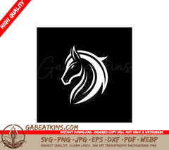 A White Horse Head On A Black Background SVG - A stylized white horse head logo design against a dark blue background Subtle use of negative space to create a horse outline SVG