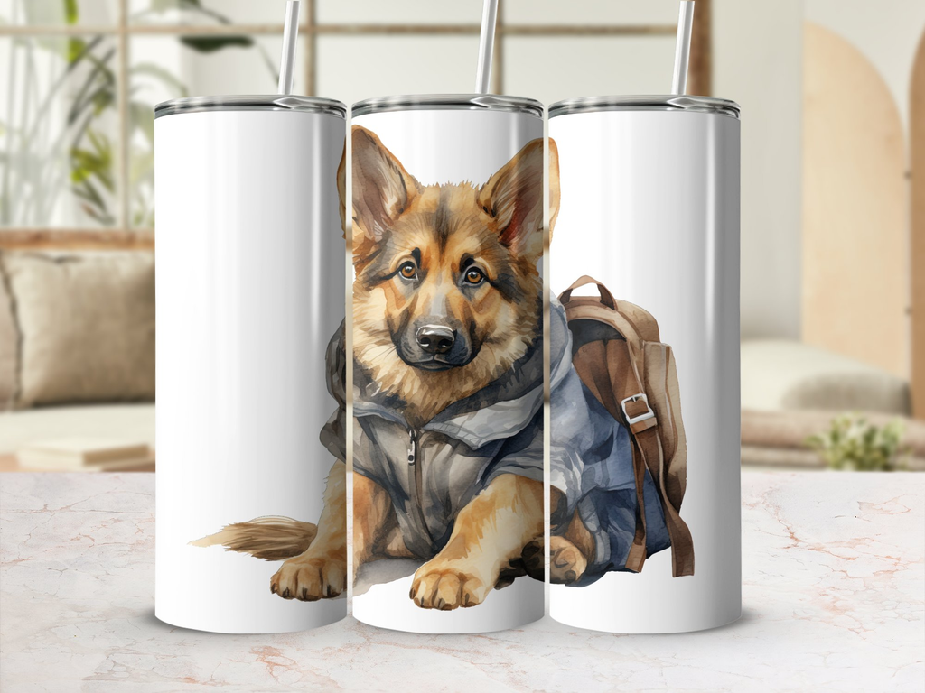 German Shepherd Puppy 20oz Tumbler Wrap Sublimation Design PNG Featuring a German Shepherd Puppy Ready For an Adventure
