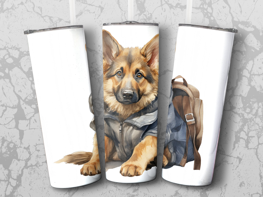 German Shepherd Puppy 20oz Tumbler Wrap Sublimation Design PNG Featuring a German Shepherd Puppy Ready For an Adventure