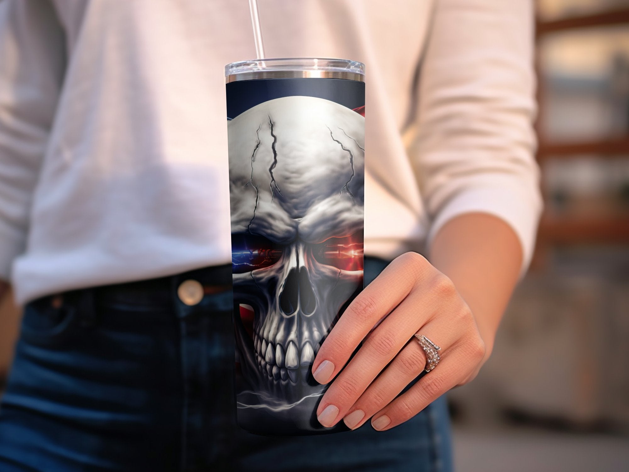 American Flag Patriotic Skull 20oz Tumbler Design | Sublimation Wrap with Lightning Effect | Electric Military Skull Flag Tumbler Graphic - Gabe Atkins Designs