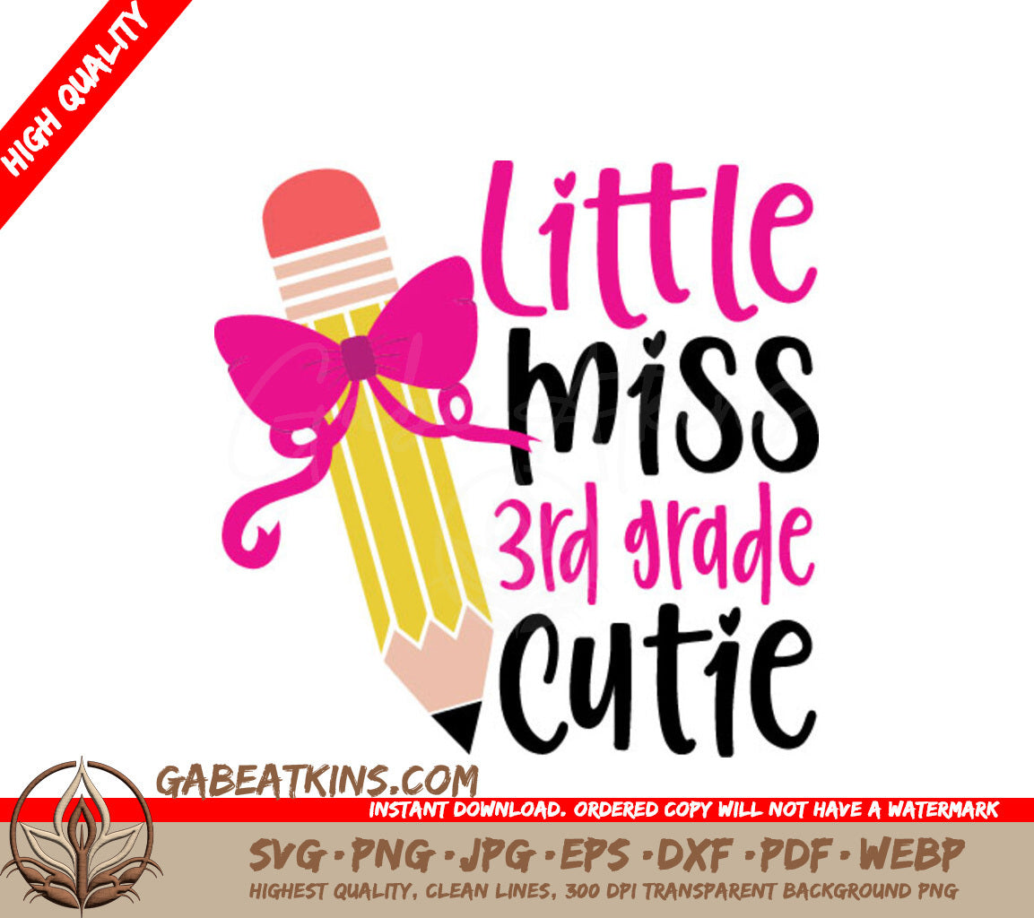 Little Miss 3rd Grade Cutie Pencil with Pink Bow SVG - Back to School SVG