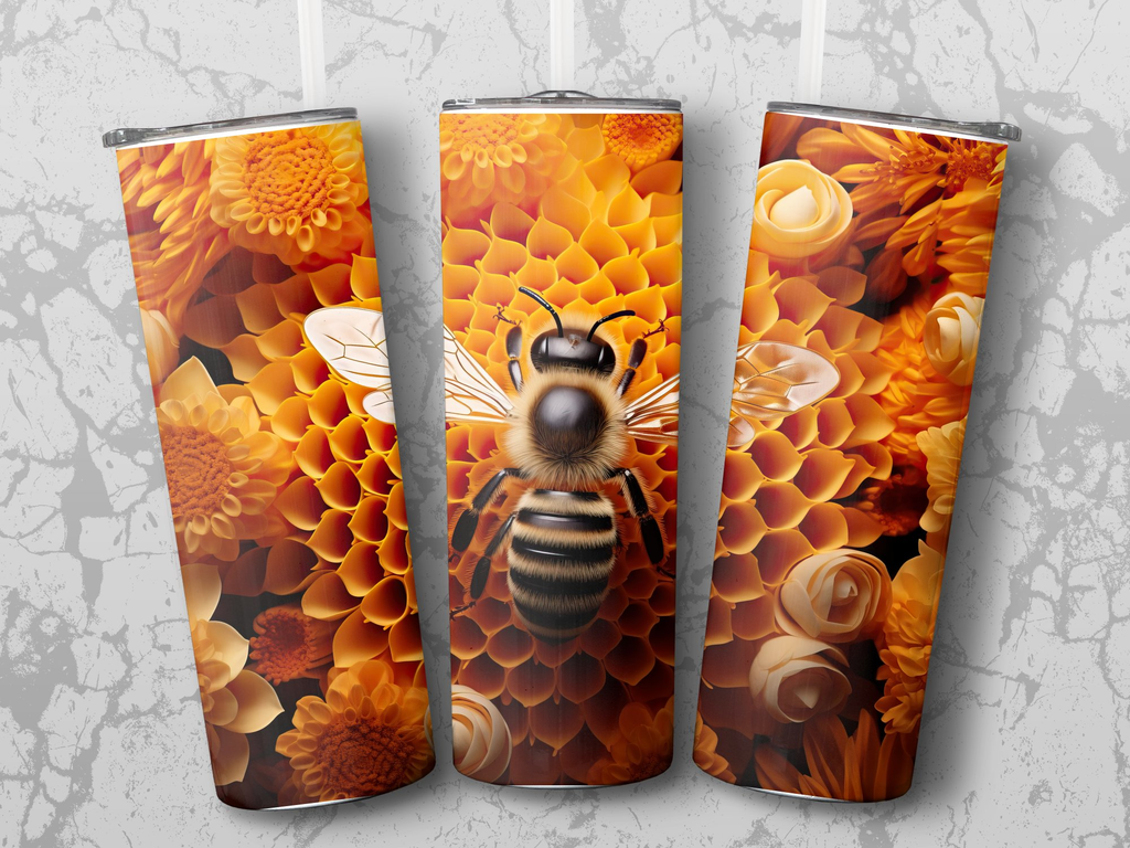 Intricate 3D Bee on a Flower 20 Oz Skinny Tumbler Wrap | Seamless Design Wrap | Instant Download - Gabe Atkins Designs