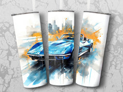 Blue Convertible Corvette Cityscape Watercolor Tumbler Wrap | 20oz Tumbler Wrap Sublimation Design PNG - Gabe Atkins Designs