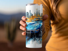 Blue Convertible Corvette Cityscape Watercolor Tumbler Wrap | 20oz Tumbler Wrap Sublimation Design PNG - Gabe Atkins Designs