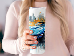 Blue Convertible Corvette Cityscape Watercolor Tumbler Wrap | 20oz Tumbler Wrap Sublimation Design PNG - Gabe Atkins Designs