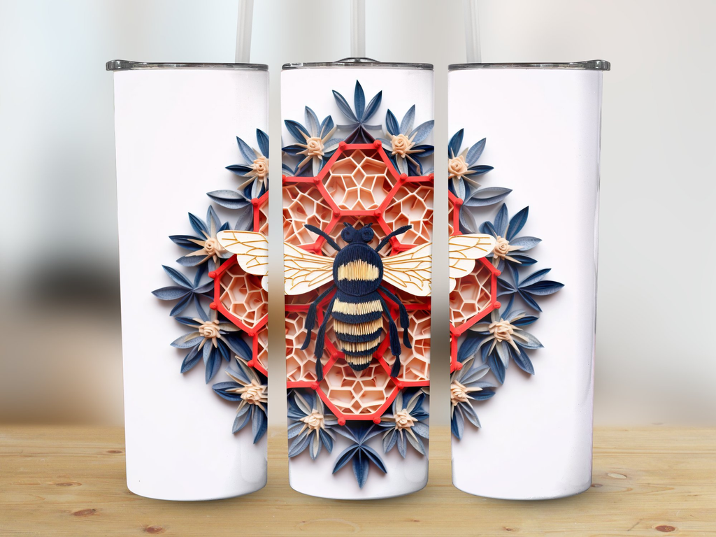 Blue and Red 3d intricate bee on Honeycomb 20 oz Skinny Tumbler Wrap S | Honeycomb 20 oz Skinny Tumbler Wrap Sublimation Design, Seamless, Straight