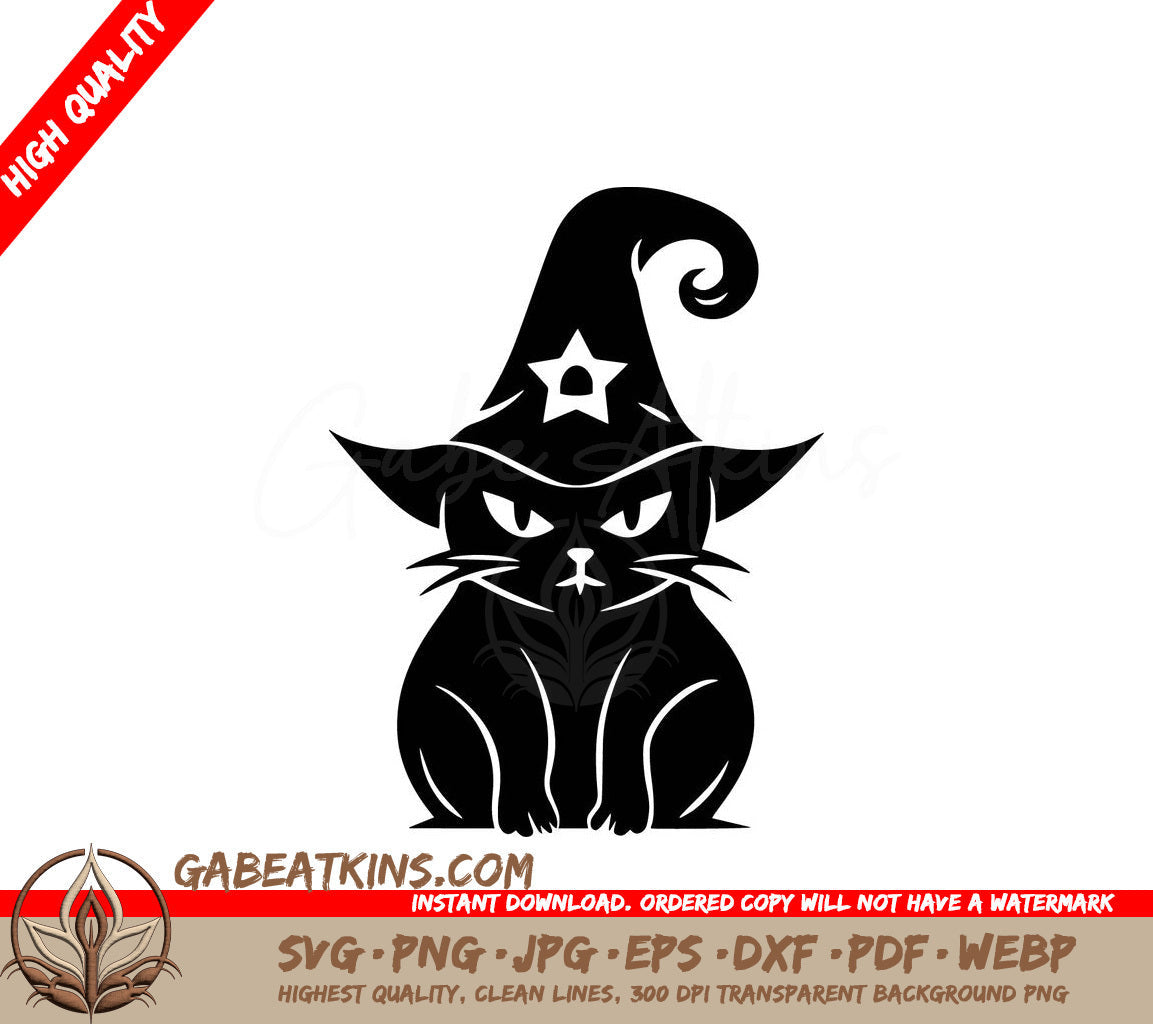 A Black Cat Wearing A Witch Hat With A Star On It