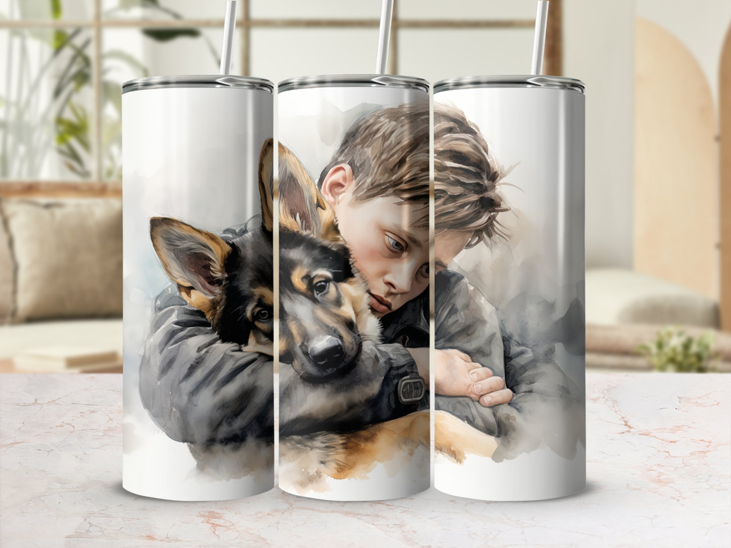 Boy and His German Shepherd Puppy 20oz Tumbler Wrap Sublimation PNG Fe | German Shepherd Puppy 20oz Tumbler Wrap Sublimation PNG Featuring