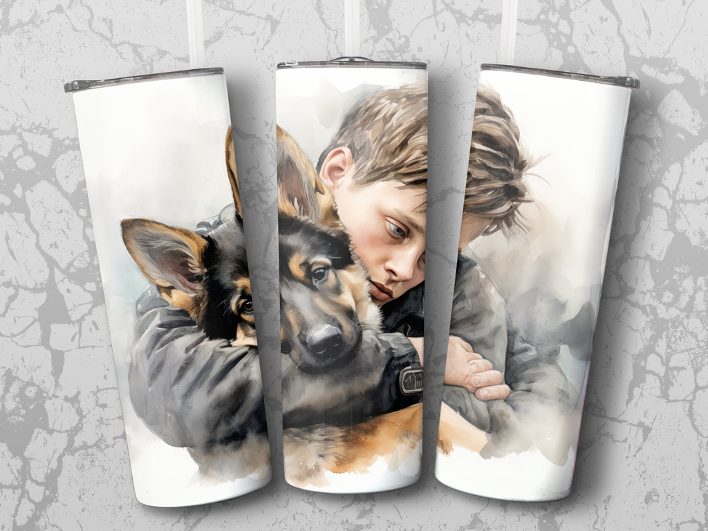 Boy and His German Shepherd Puppy 20oz Tumbler Wrap Sublimation PNG Fe | German Shepherd Puppy 20oz Tumbler Wrap Sublimation PNG Featuring