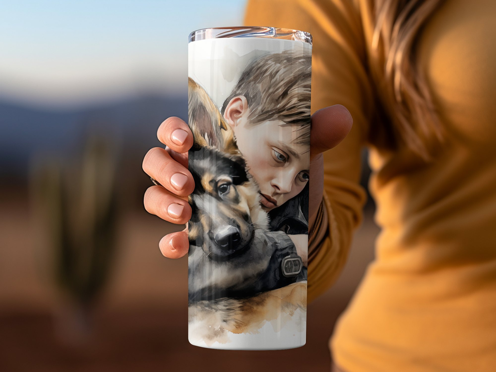 Boy and His German Shepherd Puppy 20oz Tumbler Wrap Sublimation PNG Fe | German Shepherd Puppy 20oz Tumbler Wrap Sublimation PNG Featuring