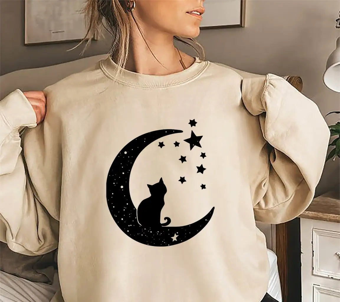 Cat Sitting On Moon With Stars