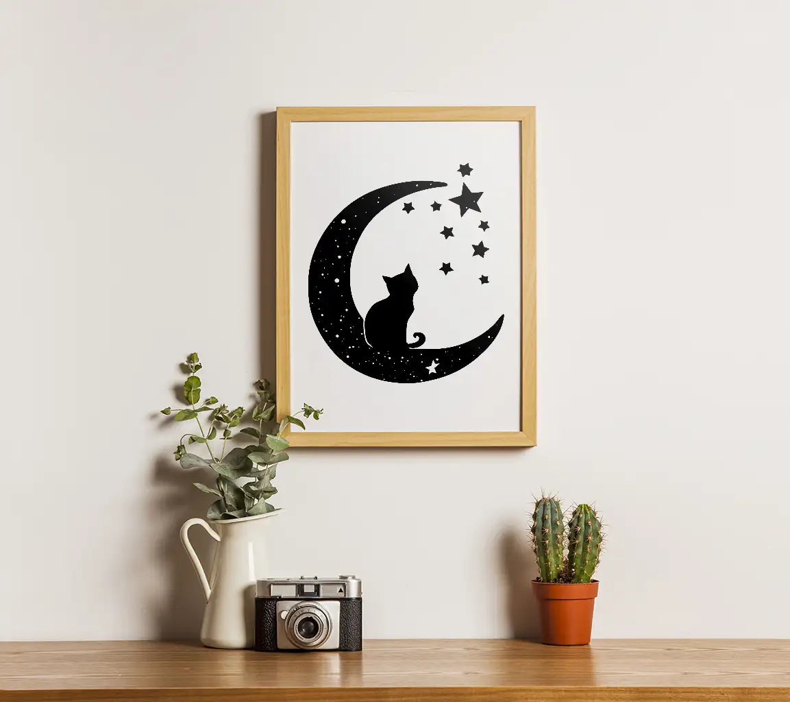 Cat Sitting On Moon With Stars