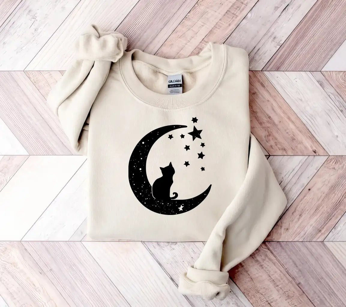 Cat Sitting On Moon With Stars