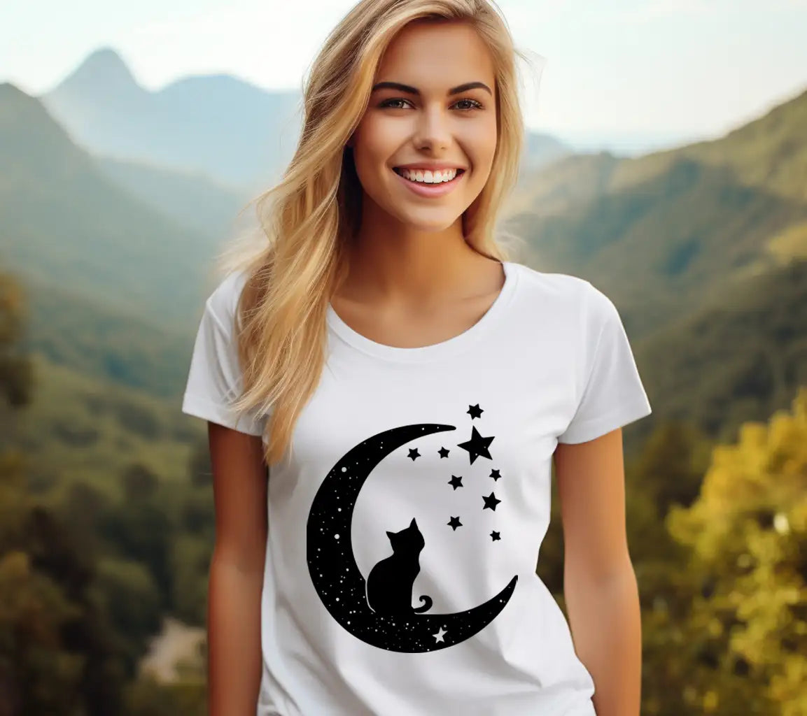 Cat Sitting On Moon With Stars