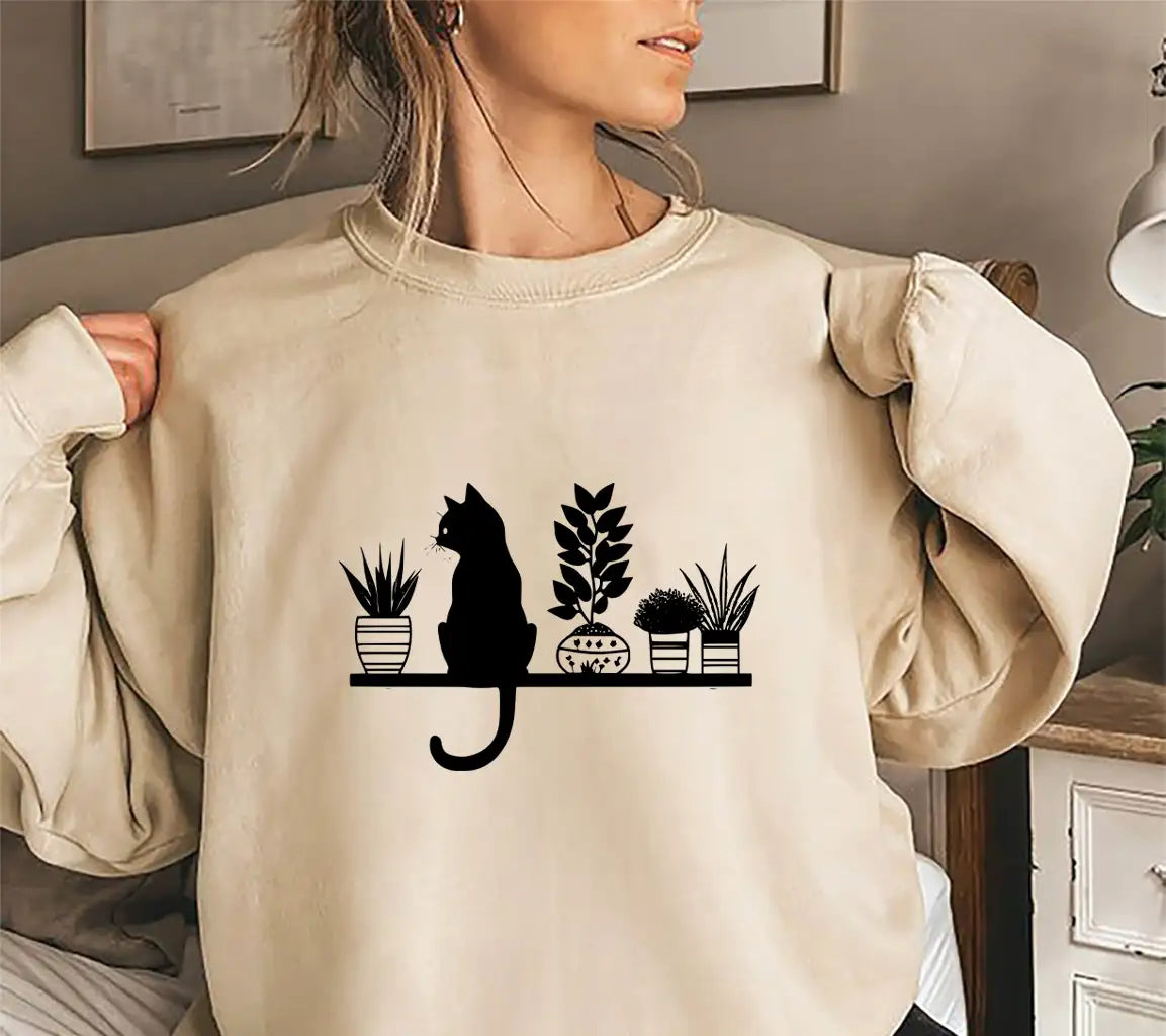 Cat On Shelf With Plants