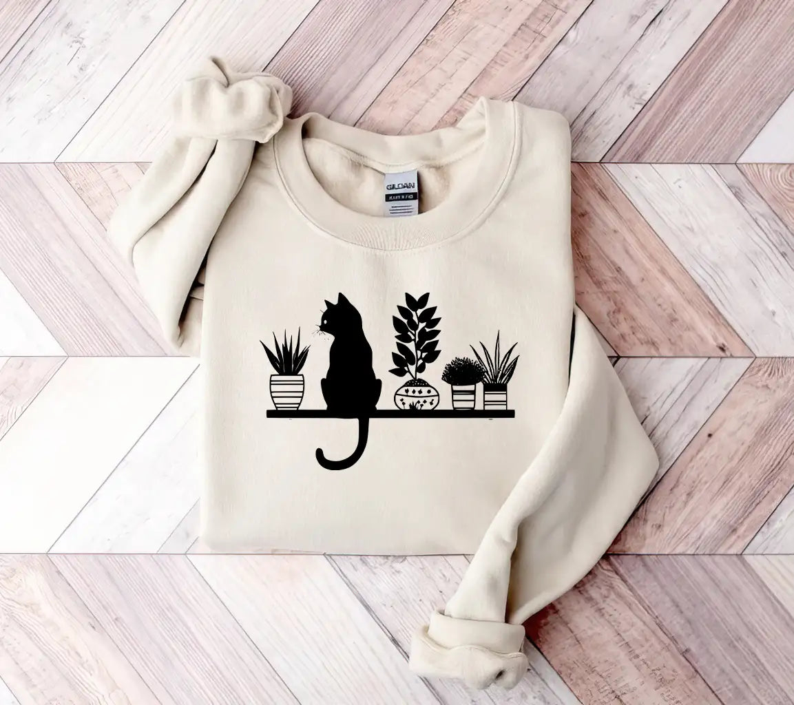 Cat On Shelf With Plants