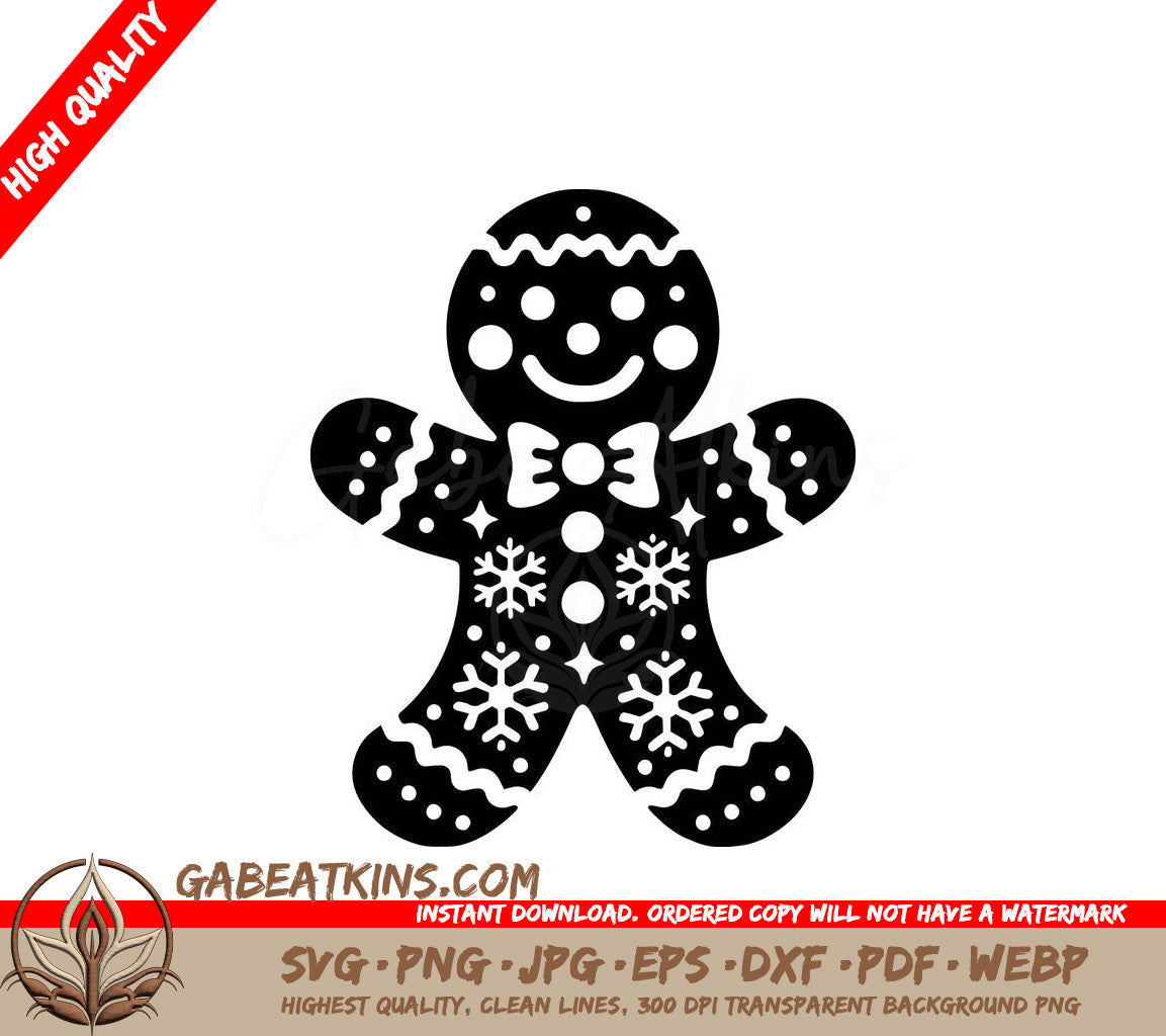 A Black And White Gingerbread Man With A Bow Tie And Snowflakes SVG - Cheerful Gingerbread SVG
