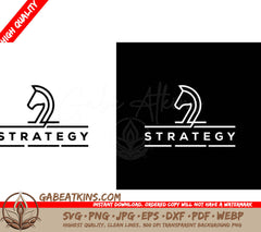 A Black And White Logo With A Horse Head And The Word Strategy . SVG - Creative Strategy Logo Horse Chess Strategy with Linear Outline Style Business Logo Icon Symbol SVG