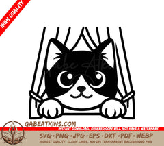  A Cat Peeking Out From Behind A Curtain SVG - Curtain Peek Feline SVG
