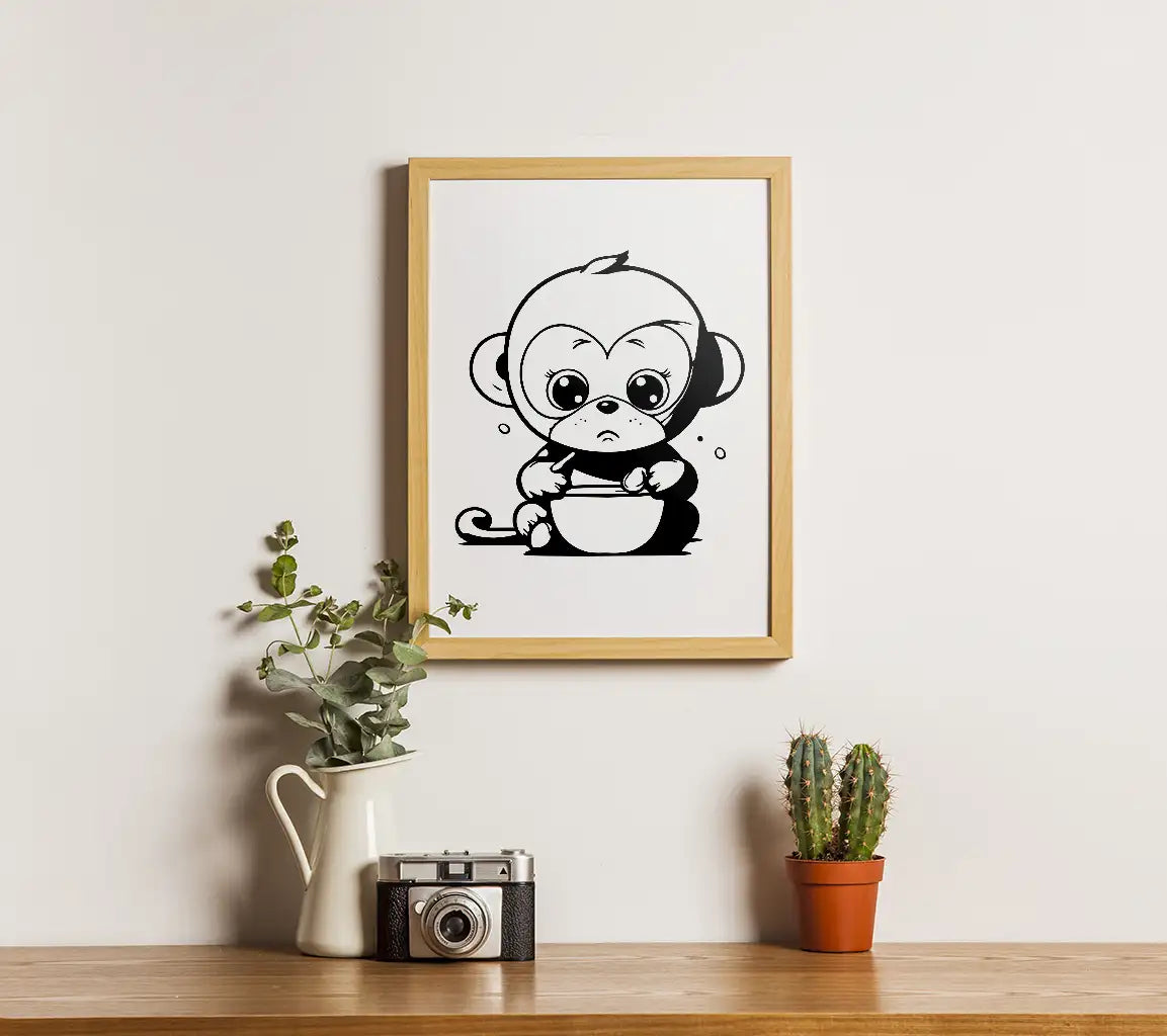 Cute Cartoon Monkey Holding Milk Bowl SVG -  Drawing SVG