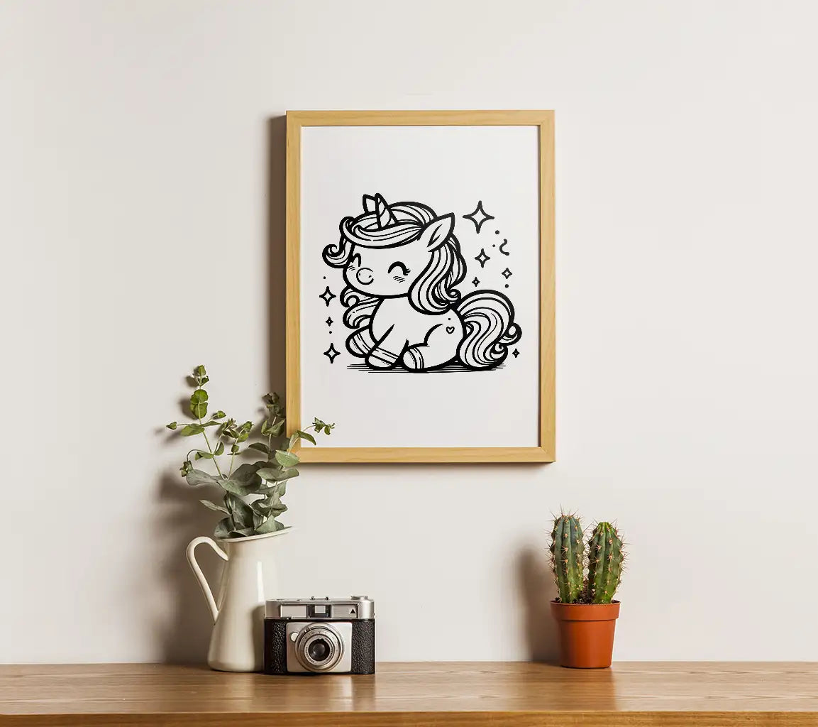 Cute Unicorn Coloring Page SVG -  Outline with Stars SVG