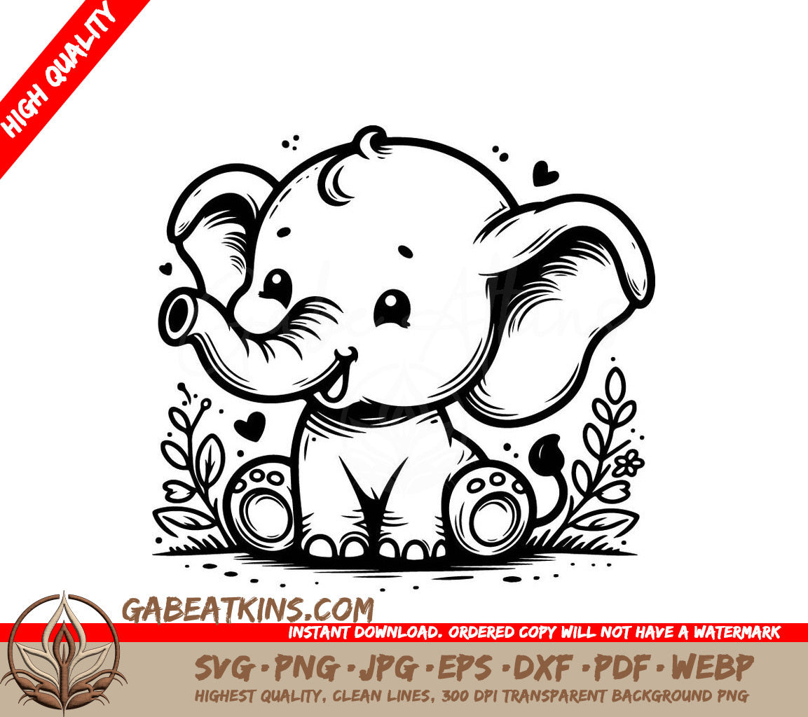 Cute Baby Elephant Coloring Page SVG -  Outline Illustration SVG