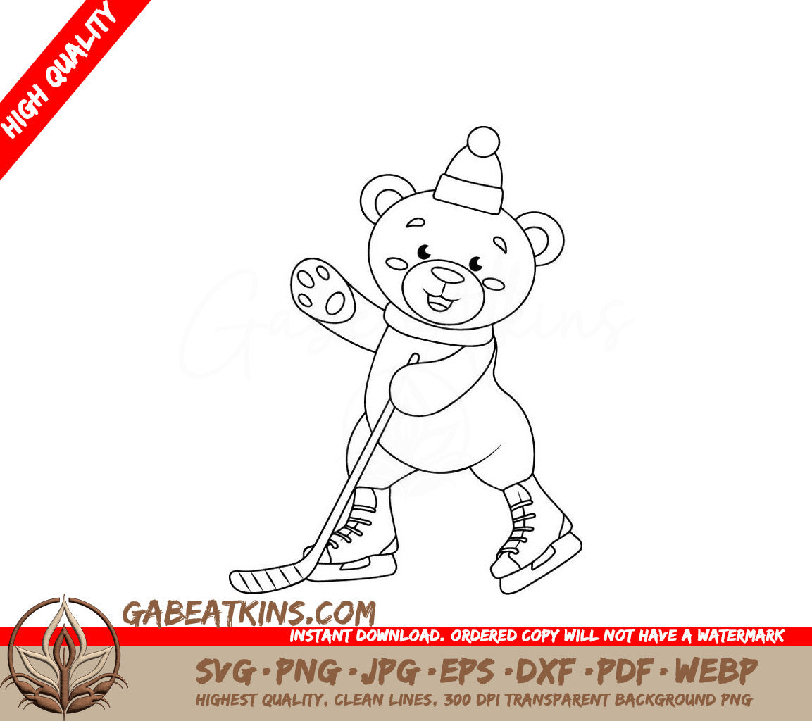 Cute Teddy Bear Hockey Player SVG -  Winter Line Art SVG