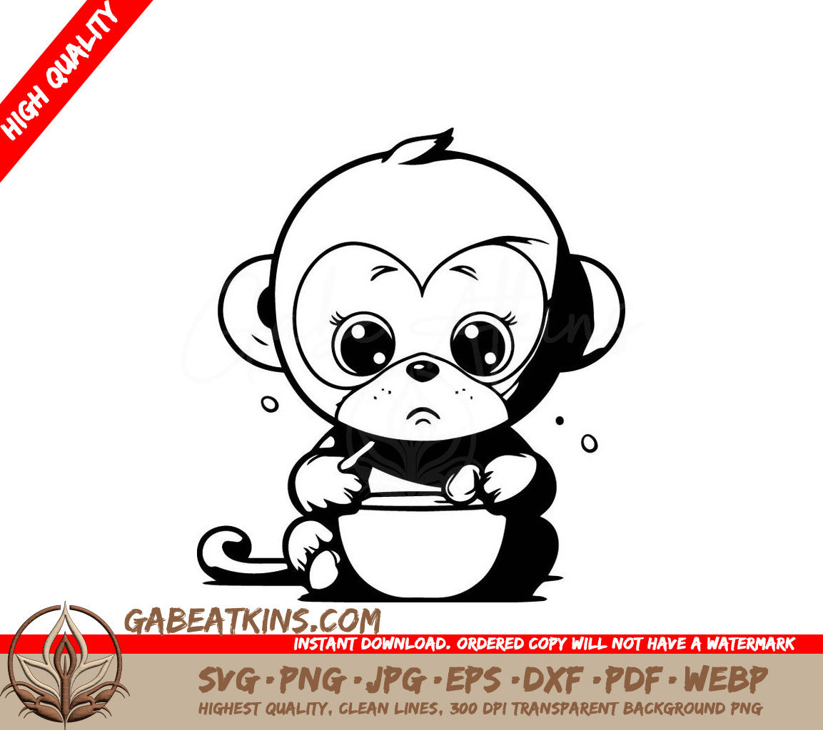 Cute Cartoon Monkey Holding Milk Bowl SVG -  Drawing SVG