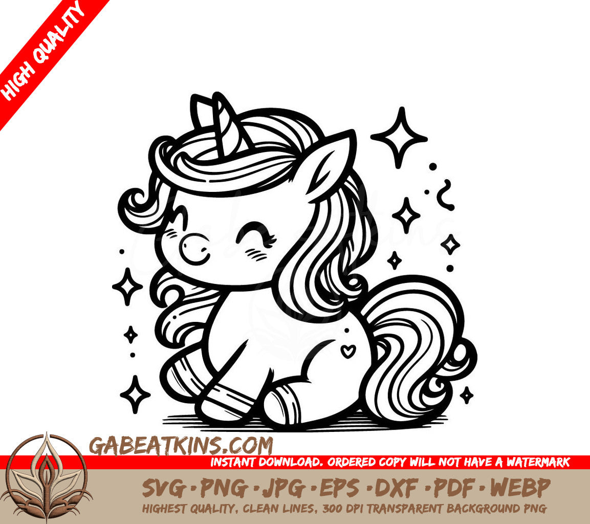 Cute Unicorn Coloring Page SVG -  Outline with Stars SVG
