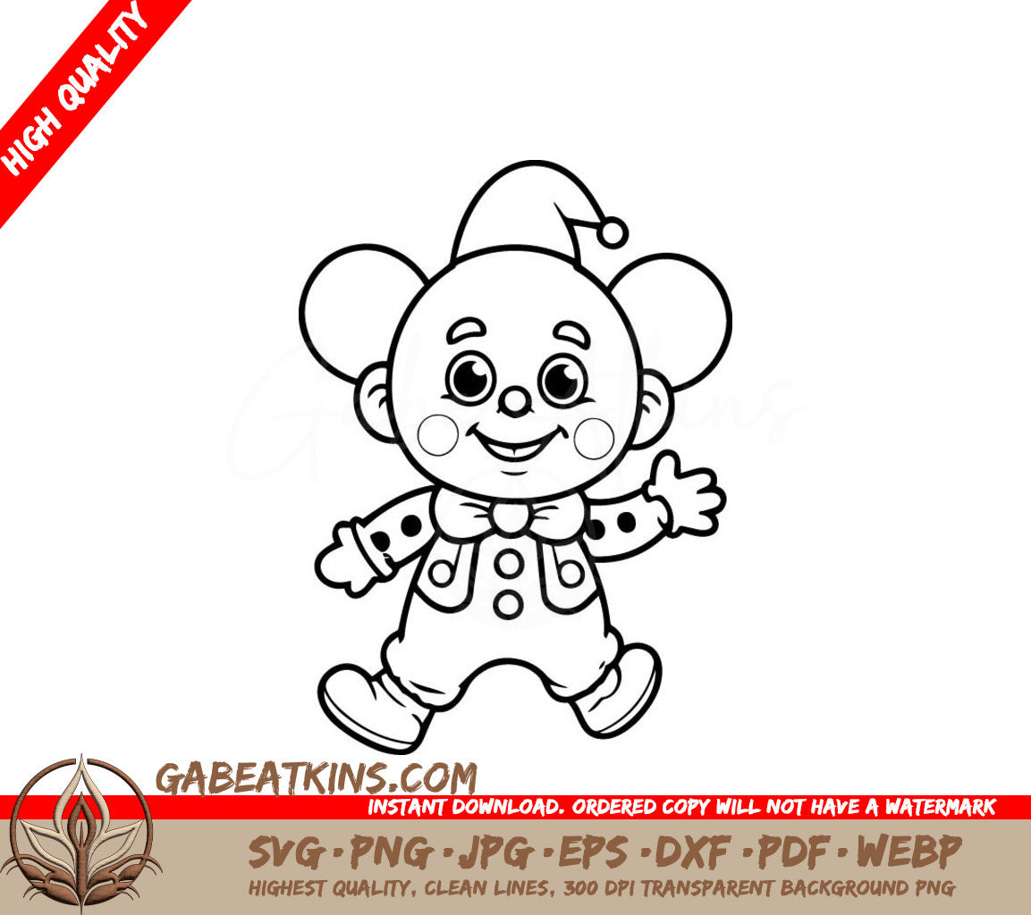 Cute Clown Coloring Page SVG -  Hat and Bow Tie Illustration SVG