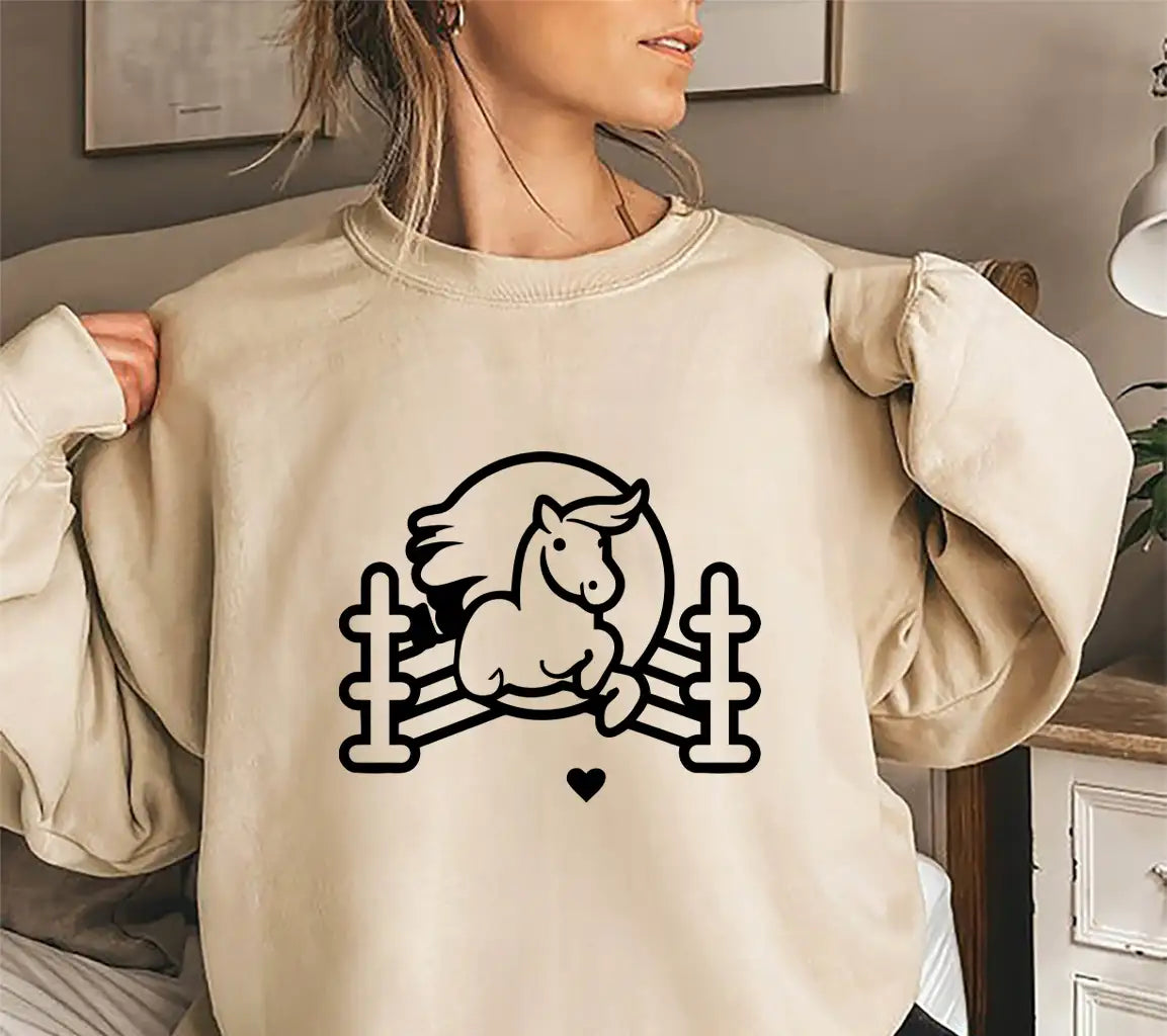 Cute Cartoon White Horse Jumping Over A Fence Vector Illustration