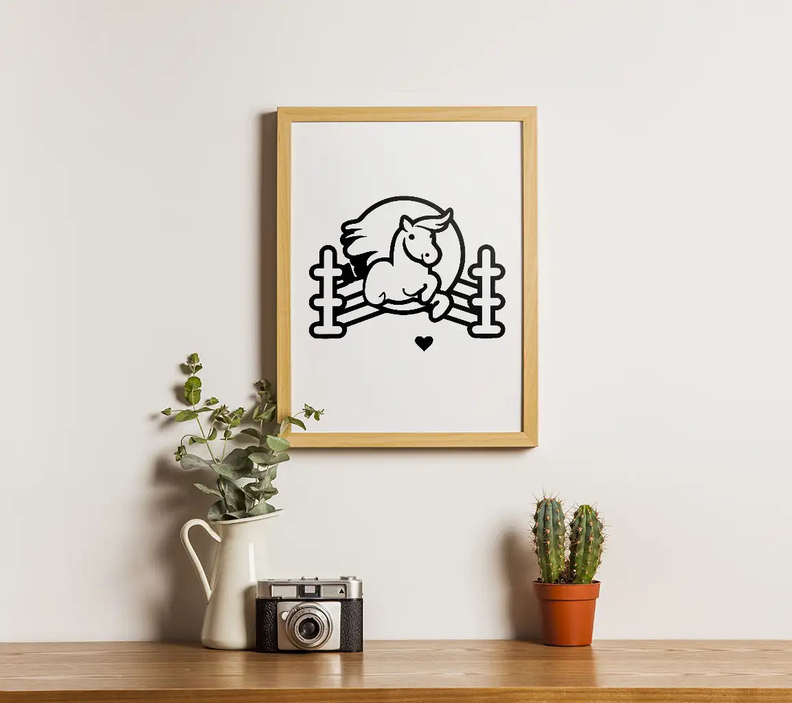 Cute Cartoon White Horse Jumping Over A Fence Vector Illustration