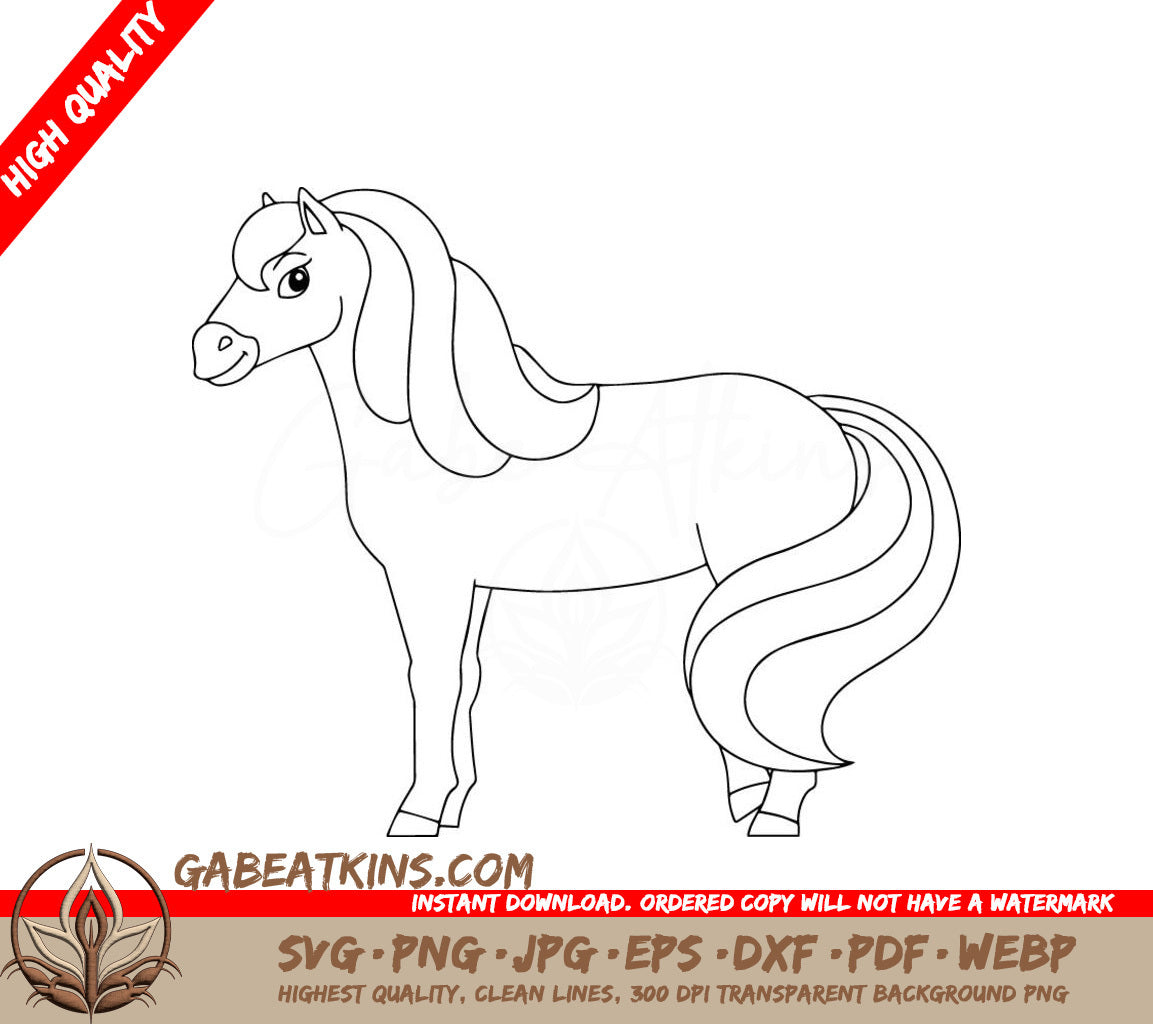  A Horse With A Long Mane SVG - Cute horse Farm animal Coloring book page for kids Cartoon style SVG