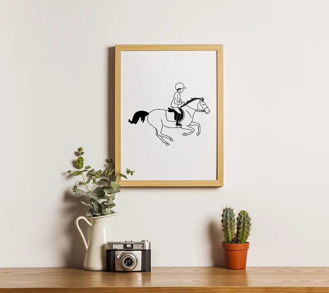 Cute Monochrome Vector Print Of A Young Athlete And Pony Hand Drawn Vector Illustration For Tshirts Posters Cards