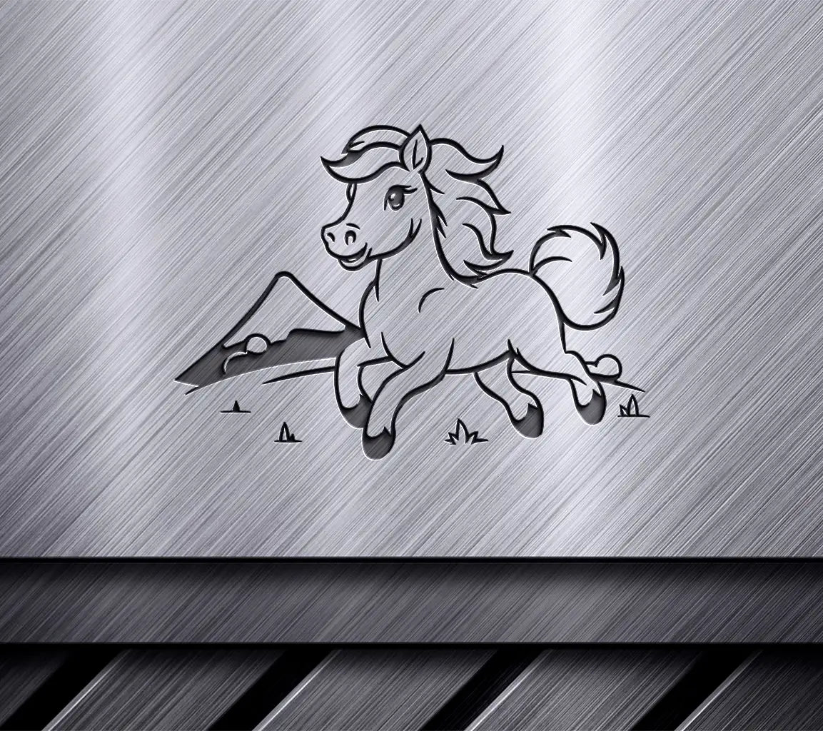 Cute White Pony Running In The Meadow Vector Illustration