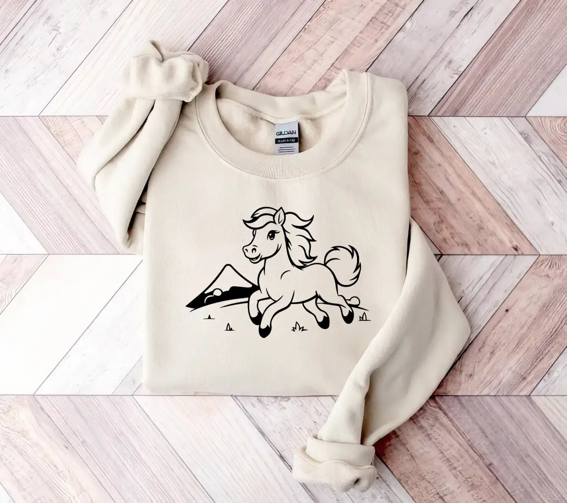 Cute White Pony Running In The Meadow Vector Illustration