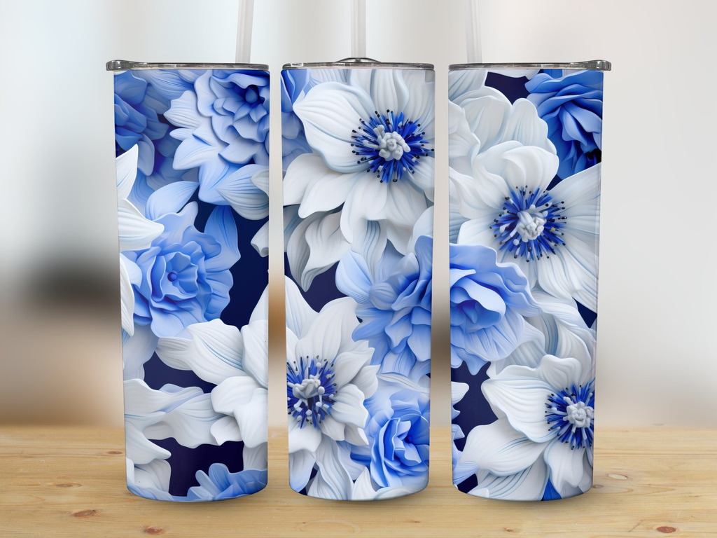 Delphinium Flower Tumbler Wrap - Blue and White | 20 Oz Skinny Tumbler Wrap | 3D Seamless Design | Tumbler Wrap | 3d Delphinium Flower, 3d flowers, 3d tumbler design, 3d tumbler wrap, Colorful, delphinium flower, flower tumbler wrap, lily tumbler design, skinny tumbler wrap, sublimation design, tumbler design, tumbler wrap, white tumbler wrap | Gabe Atkins Designs