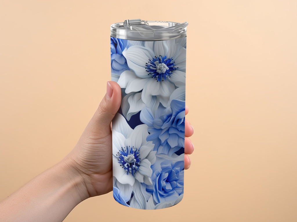 Delphinium Flower Tumbler Wrap - Blue and White | 20 Oz Skinny Tumbler Wrap | 3D Seamless Design - Gabe Atkins Designs