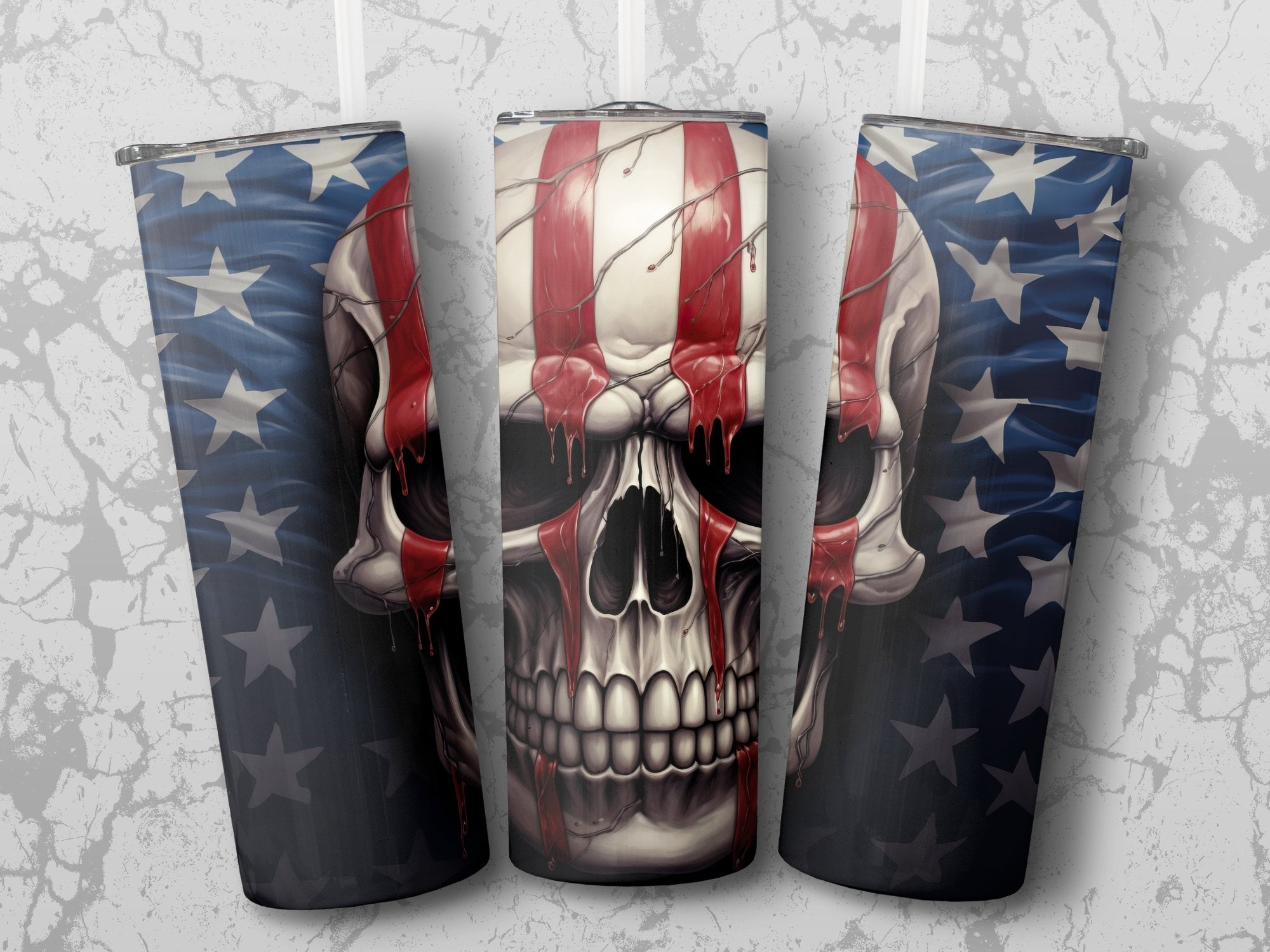Dripping Blood American Flag Skull 20oz Tumbler Design | Sinister Patriotic Skull Sublimation Wrap | Gruesome Flag Skull Tumbler Graphic - Gabe Atkins Designs