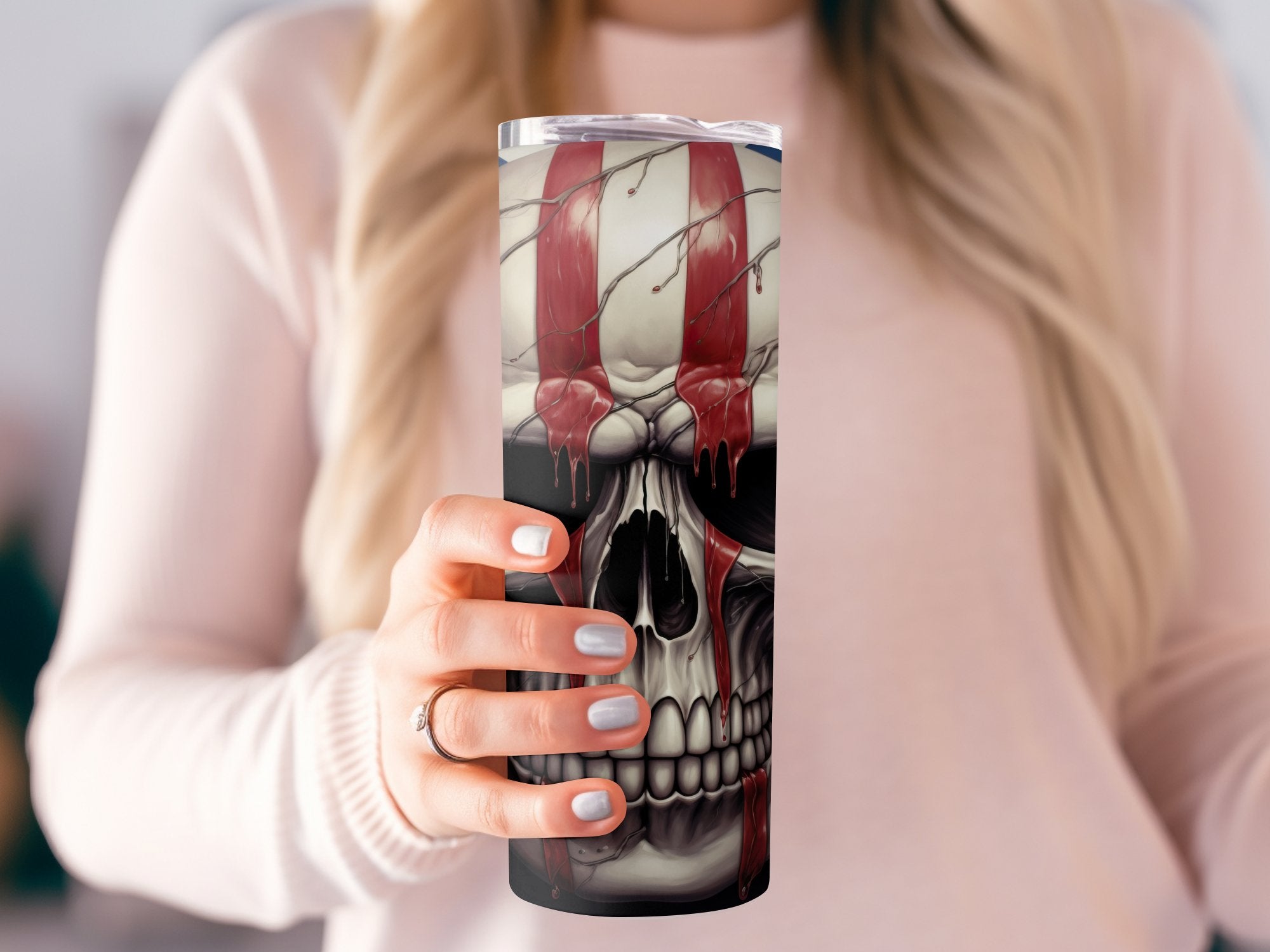 Dripping Blood American Flag Skull 20oz Tumbler Design | Sinister Patriotic Skull Sublimation Wrap | Gruesome Flag Skull Tumbler Graphic - Gabe Atkins Designs