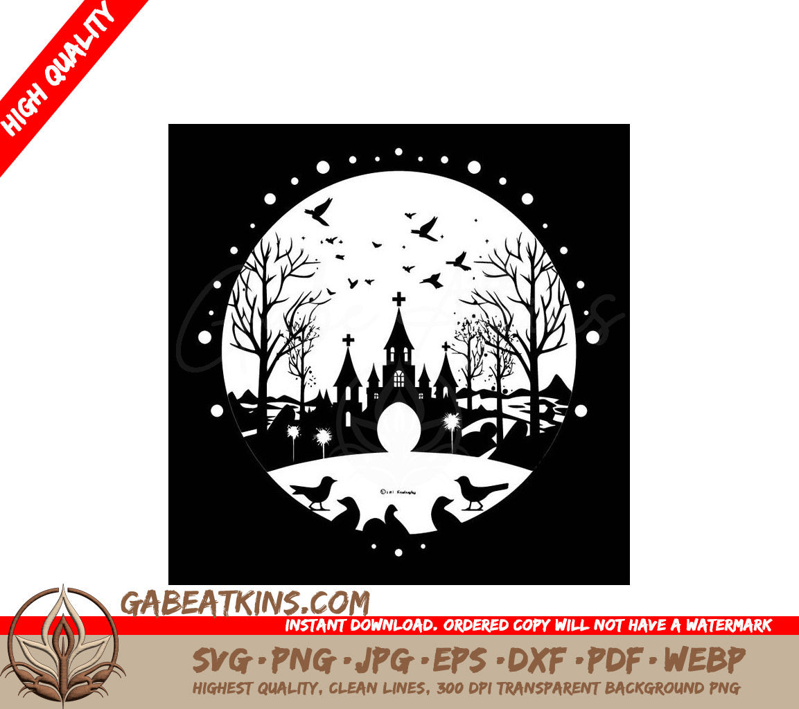  Castle with Birds SVG - Elegant Christmas Card Illustration SVG