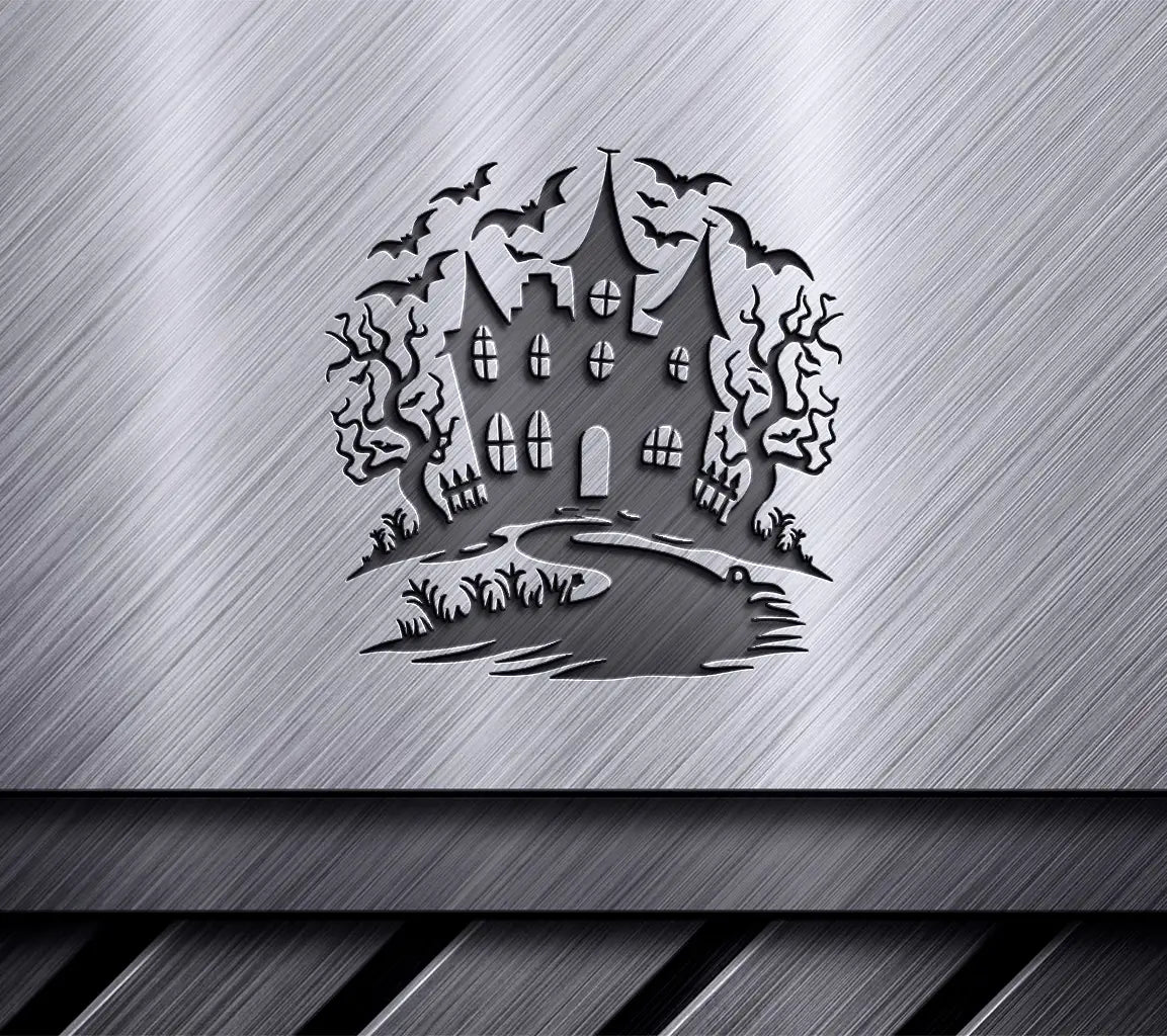 Haunted House SVG  Drawing with Bats & Creepy Trees SVG