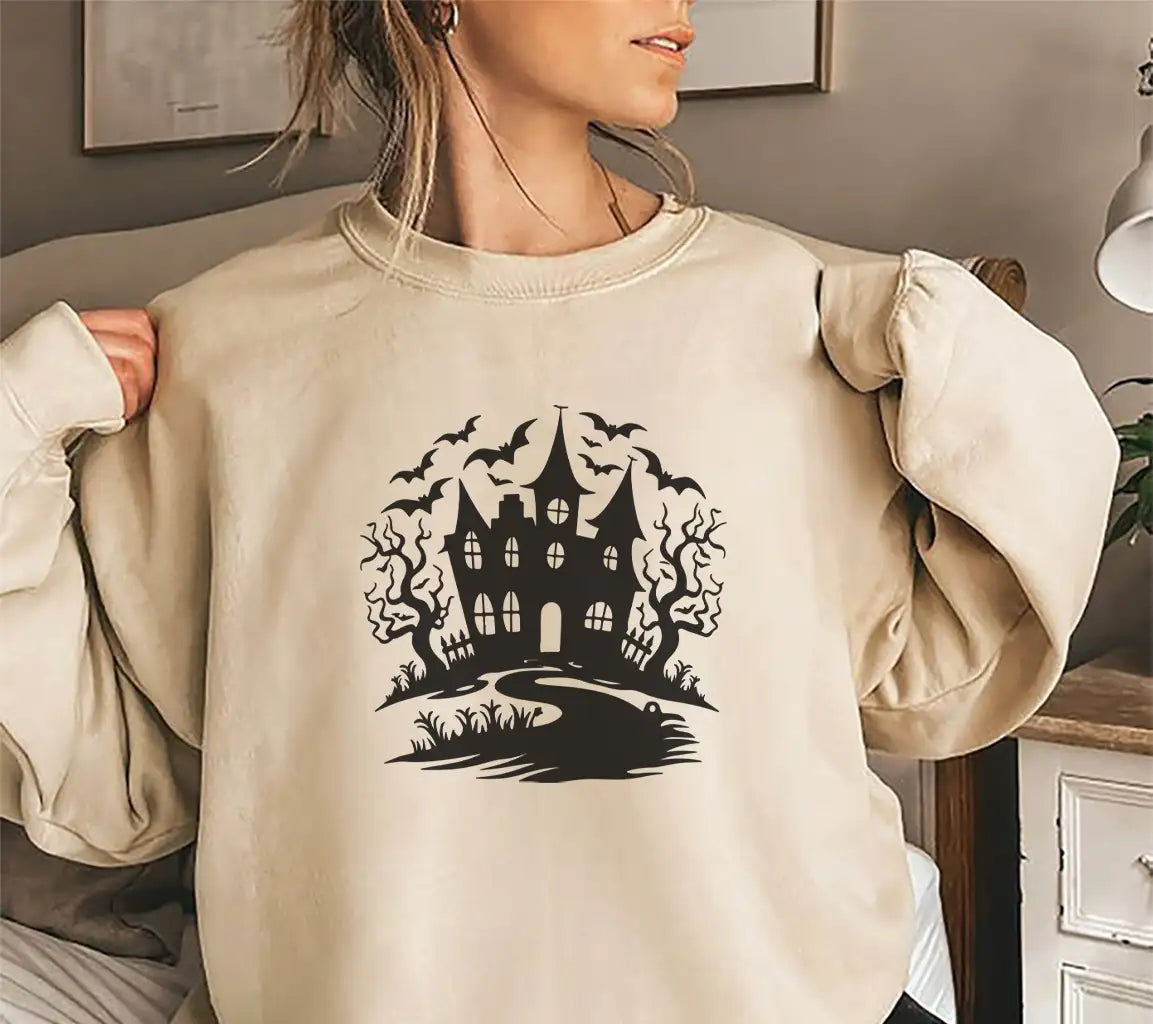 Haunted House SVG  Drawing with Bats & Creepy Trees SVG