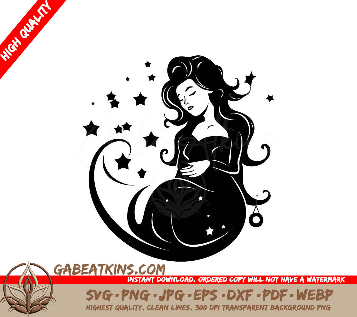 Smiling Pregnant Woman with Stars SVG - Expectant Harmony & Miracle of Motherhood SVG