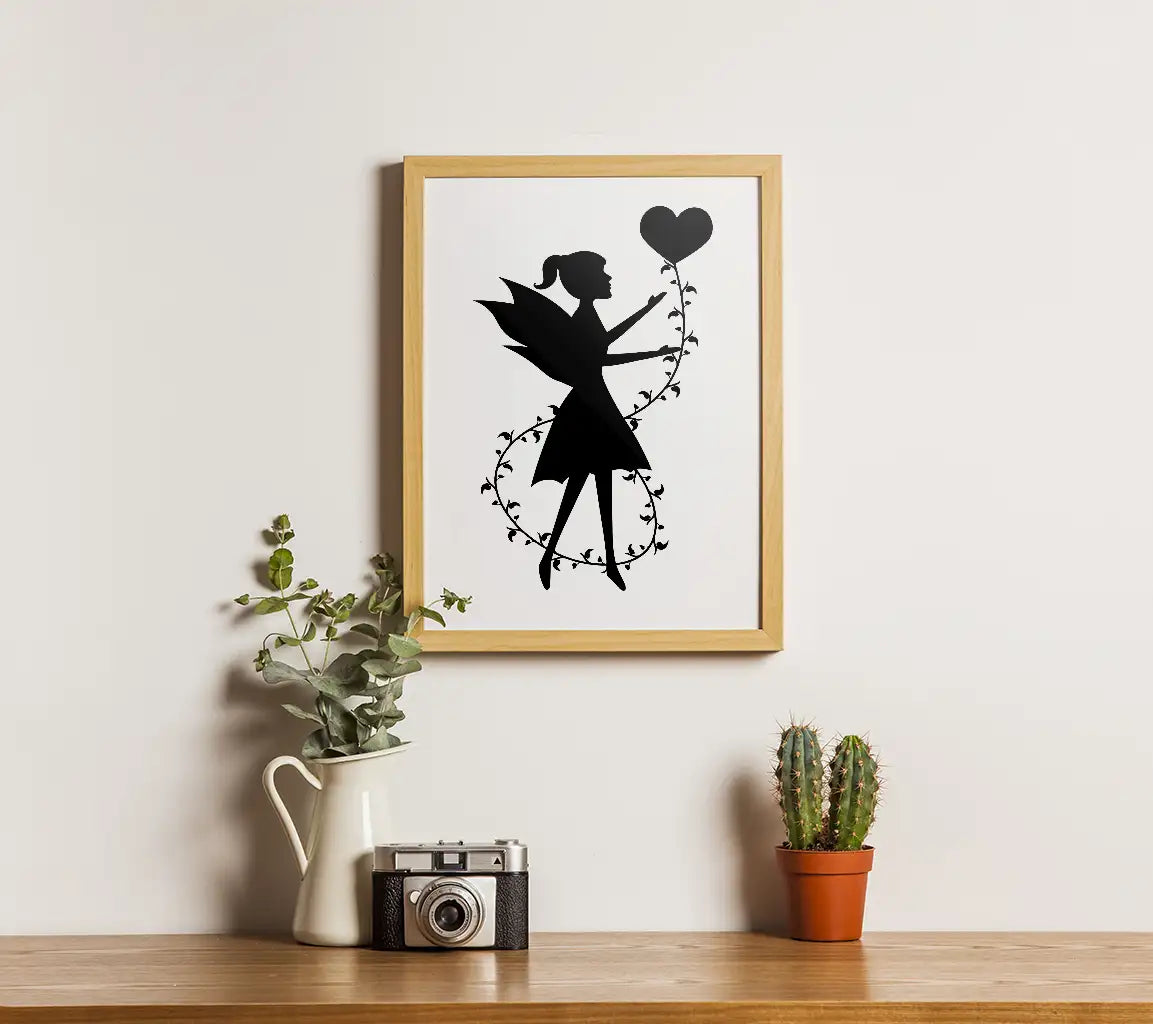Fairy with Heart Balloon SVG Silhouette - Wings & Heart Design SVG