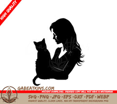  Woman Holding Cat Silhouette SVG - Feline Embrace SVG