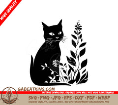 A Black Cat Is Surrounded By Flowers And Leaves SVG - Flower Cat SVG