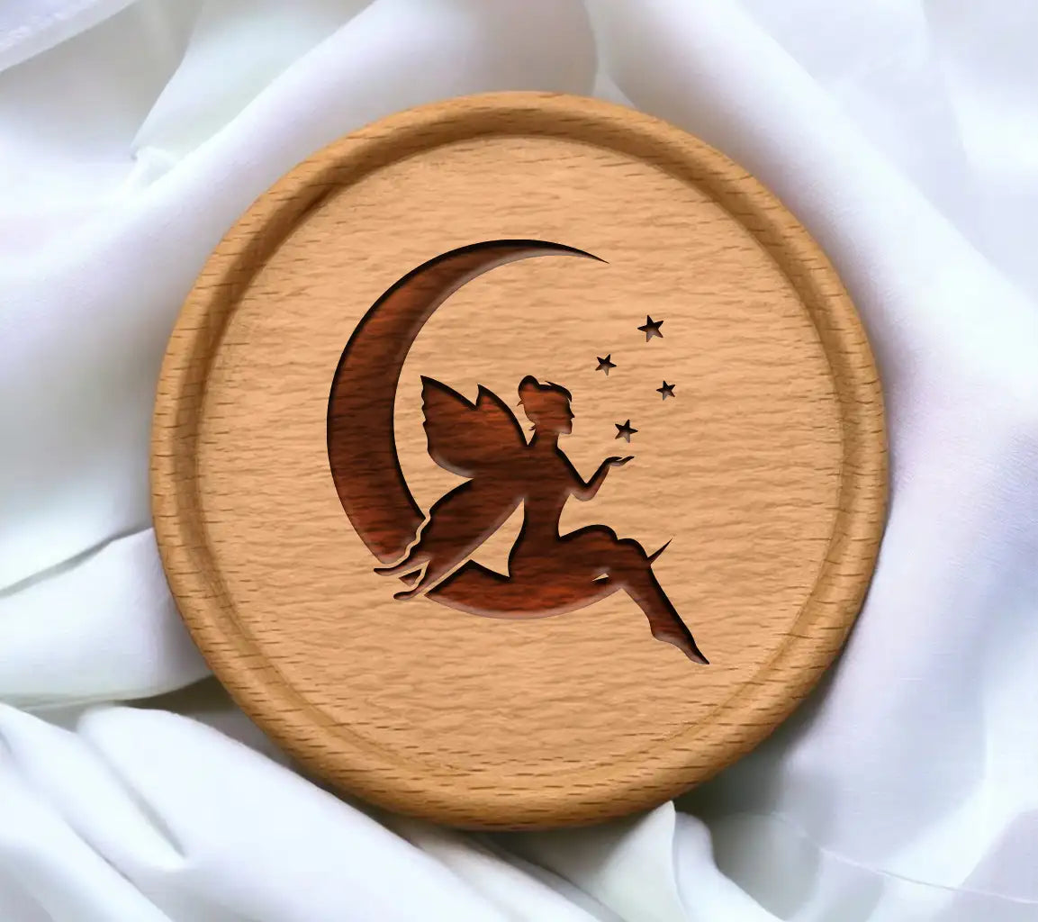 Fairy Silhouette on Crescent Moon SVG - Flying Fairy Design Design SVG